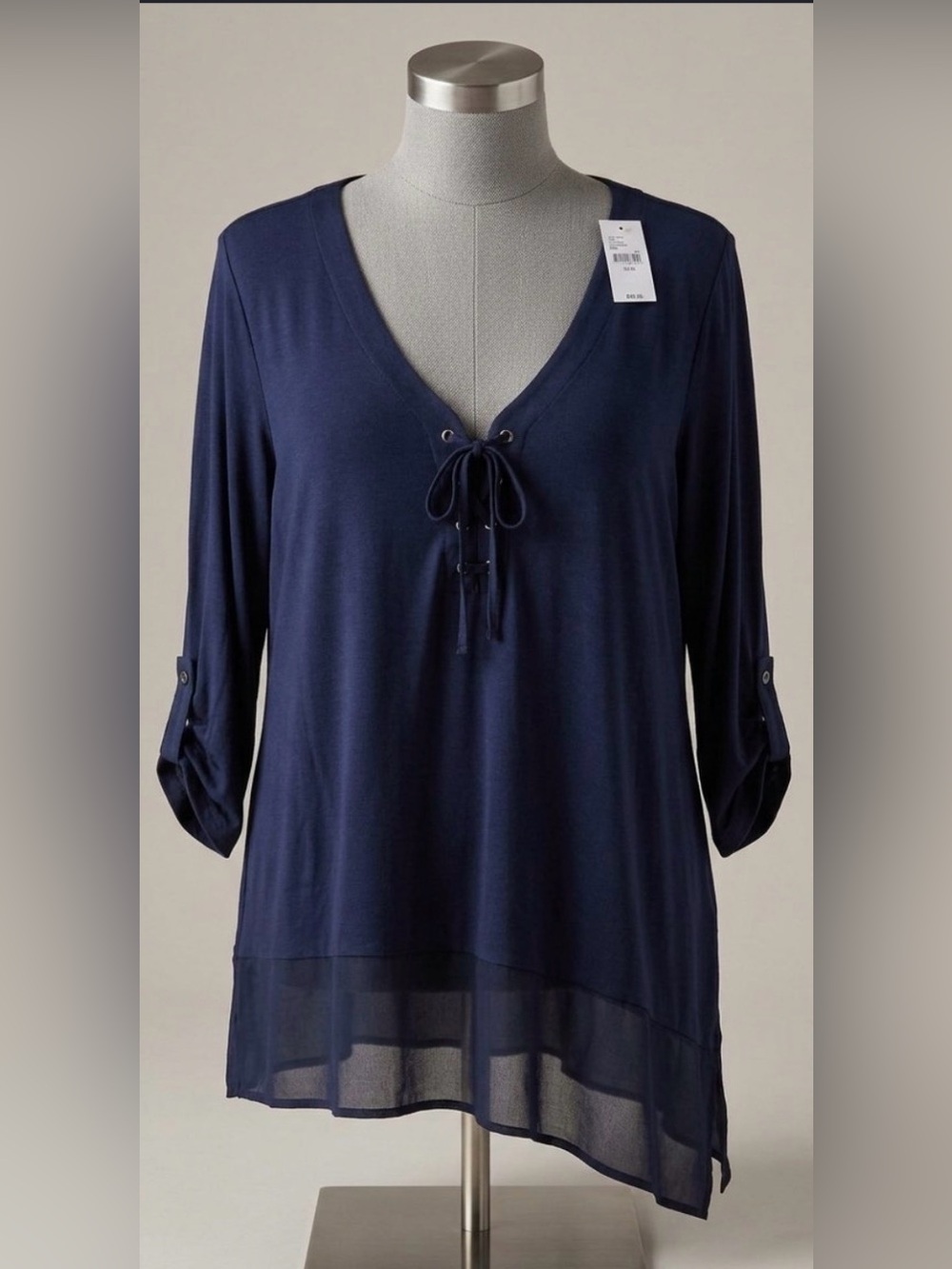 Lane Bryant Size 14/16 Navy Blue Lace Up Chiffon Hem Tunic Top Blouse